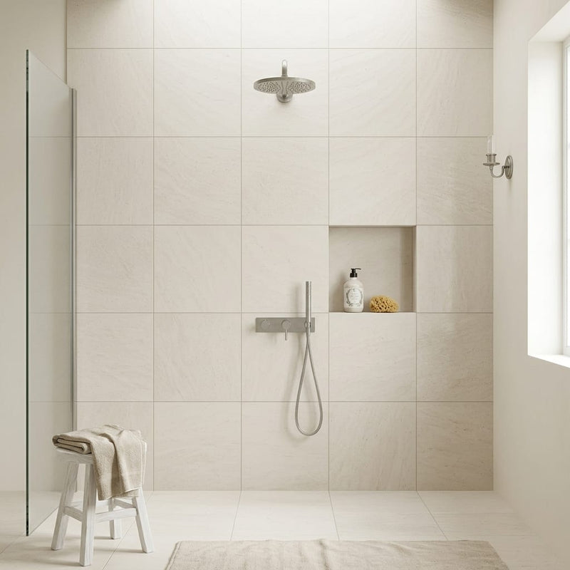 Mocha Cream Limestone Tile 24x24 Honed — Bathroom shower wall