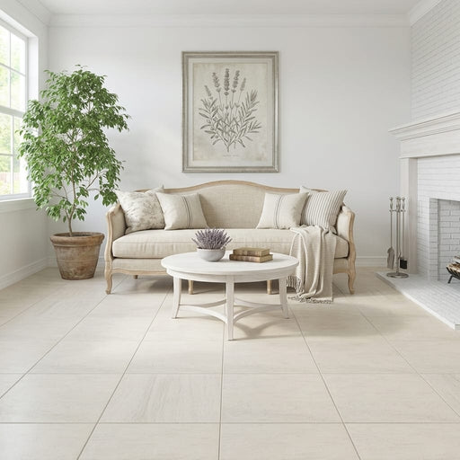 Mocha Cream Limestone Tile 24x24 Honed — Living Room floor