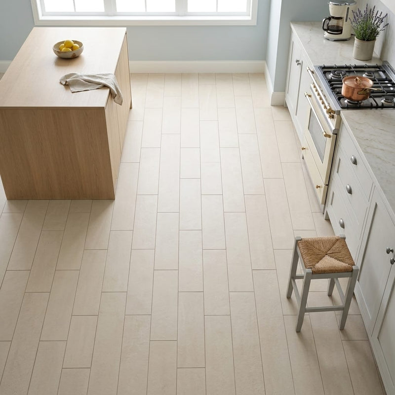 Mocha Cream Limestone Tile 8x24 Brushed — Kitchen floor