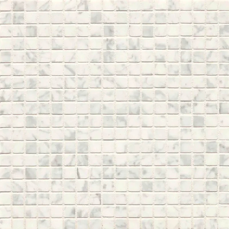 Mod Rocks White Carrara 12x12 marble mosaic with 5/8 x 5/8 square tiles and subtle gray veining.