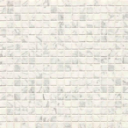 Mod Rocks White Carrara 12x12 marble mosaic with 5/8 x 5/8 square tiles and subtle gray veining.