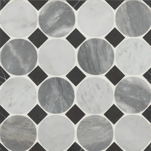 Modni Emery Cool Blend 13.75x13.75 honed marble decorative mosaic with white and gray circular tiles and black diamond accents.