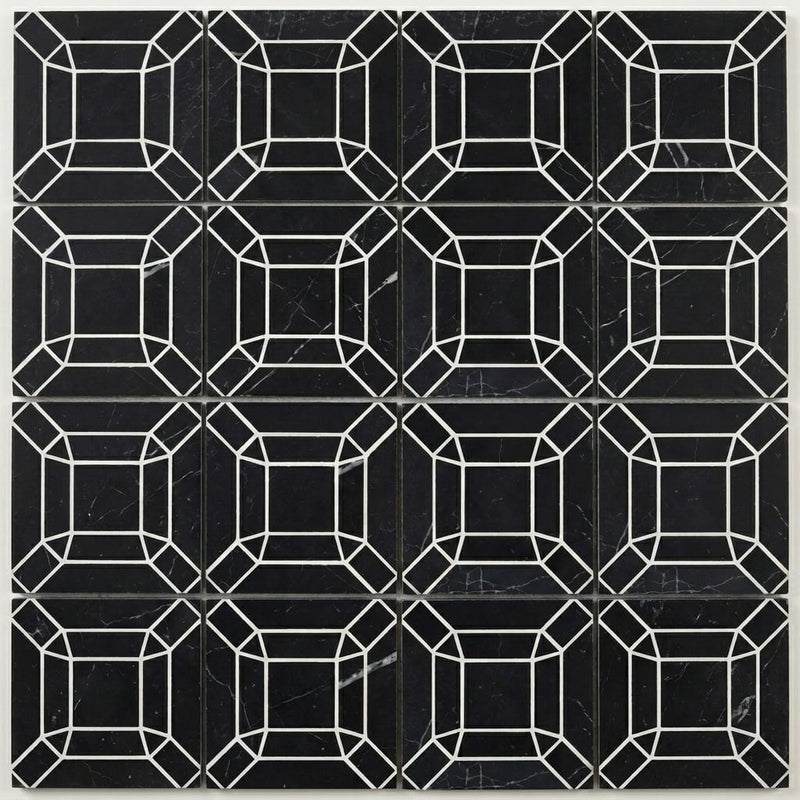 Monet Nero Marquina 1x1 Honed Decorative Marble Mosaic close-up