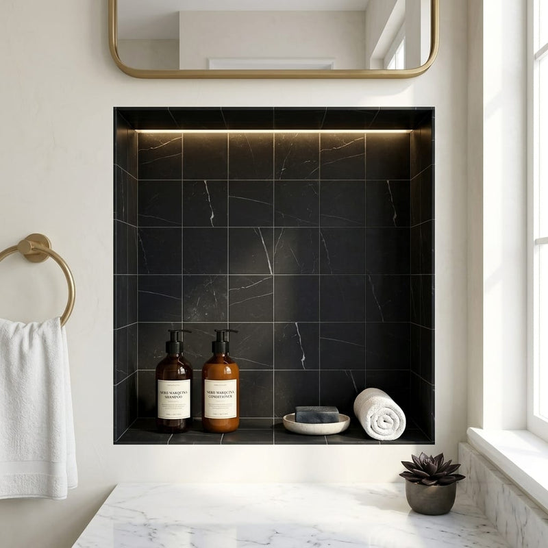 Monet Nero Marquina 4x4 Honed Decorative Marble Floor & Wall Tile — Bathroom niche