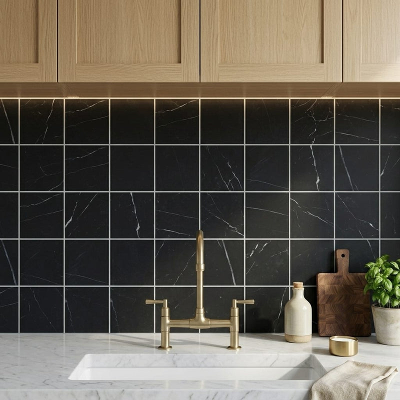 Monet Nero Marquina 4x4 Honed Decorative Marble Floor & Wall Tile — Kitchen backsplash