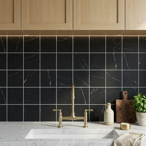 Monet Nero Marquina 4x4 Honed Decorative Marble Floor & Wall Tile — Kitchen backsplash