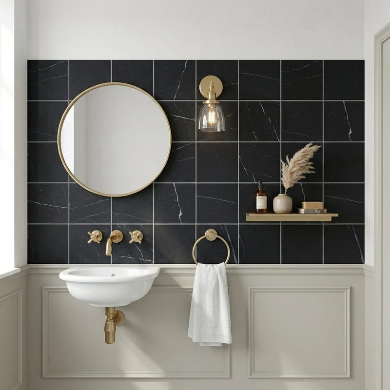 Monet Nero Marquina 4x4 Honed Decorative Marble Floor & Wall Tile — Powder Room wall
