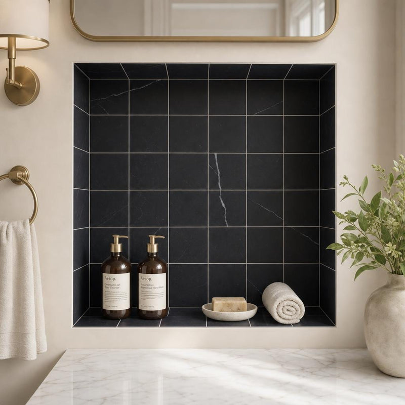 Monet Nero Marquina Marble Tile 4x4 Honed 3/8 inch — Bathroom niche