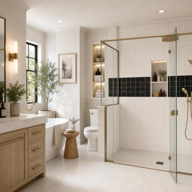 Monet Nero Marquina Marble Tile 4x4 Honed 3/8 inch — Bathroom shower wall accent band