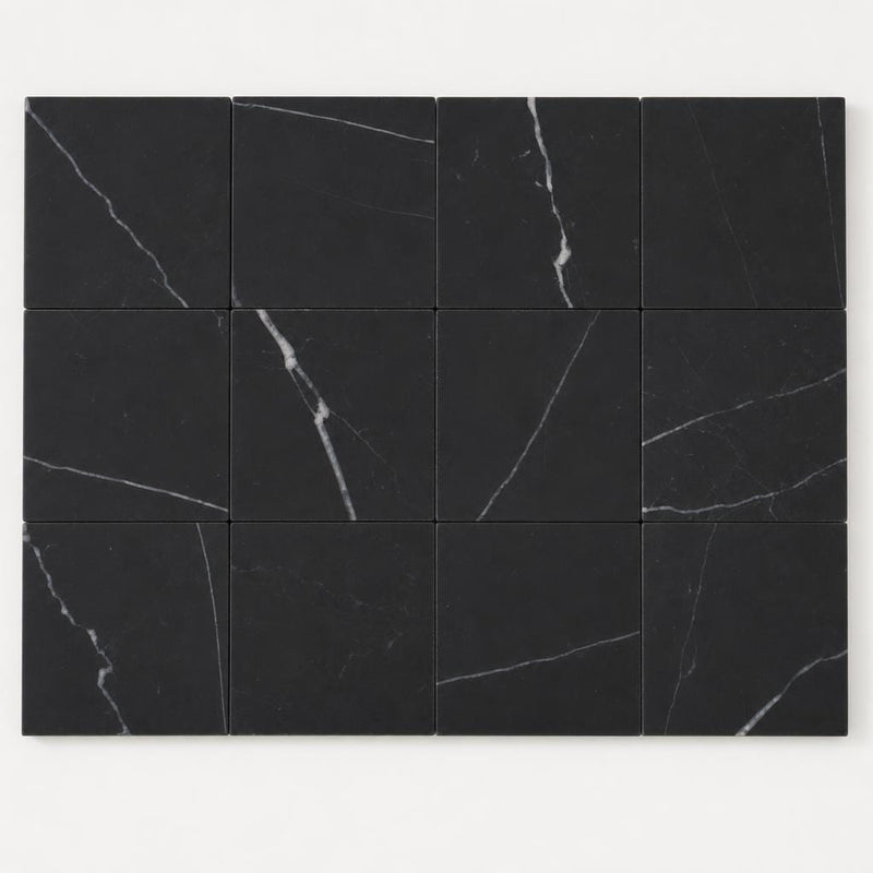 Monet Nero Marquina Marble Tile 4x4 Honed 3/8 inch close-up
