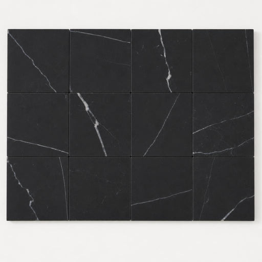 Monet Nero Marquina Marble Tile 4x4 Honed 3/8 inch close-up