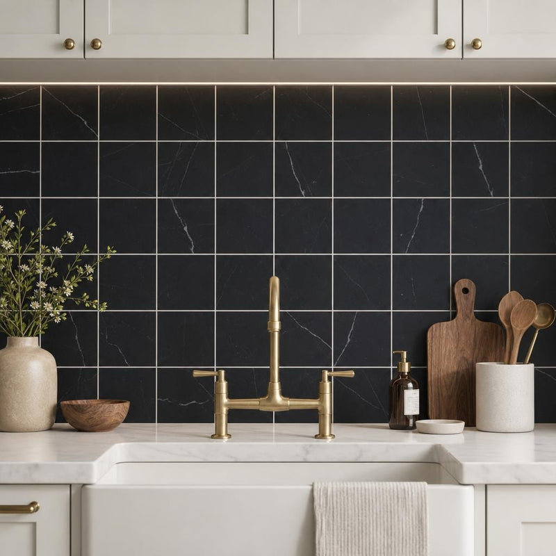 Monet Nero Marquina Marble Tile 4x4 Honed 3/8 inch — Kitchen backsplash