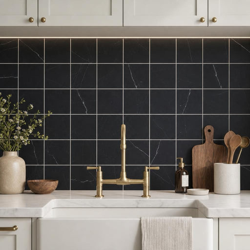 Monet Nero Marquina Marble Tile 4x4 Honed 3/8 inch — Kitchen backsplash