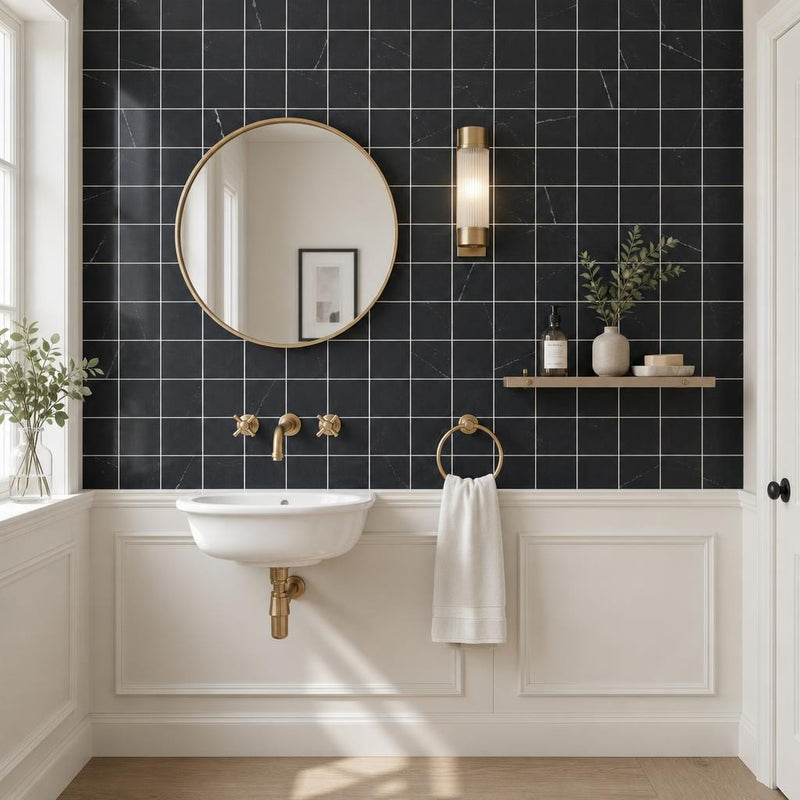 Monet Nero Marquina Marble Tile 4x4 Honed 3/8 inch — Powder Room wall