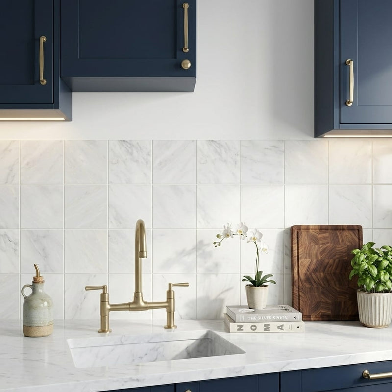 Monet Oriental White 4x4 Honed Decorative Floor & Wall Marble Tile — Kitchen backsplash