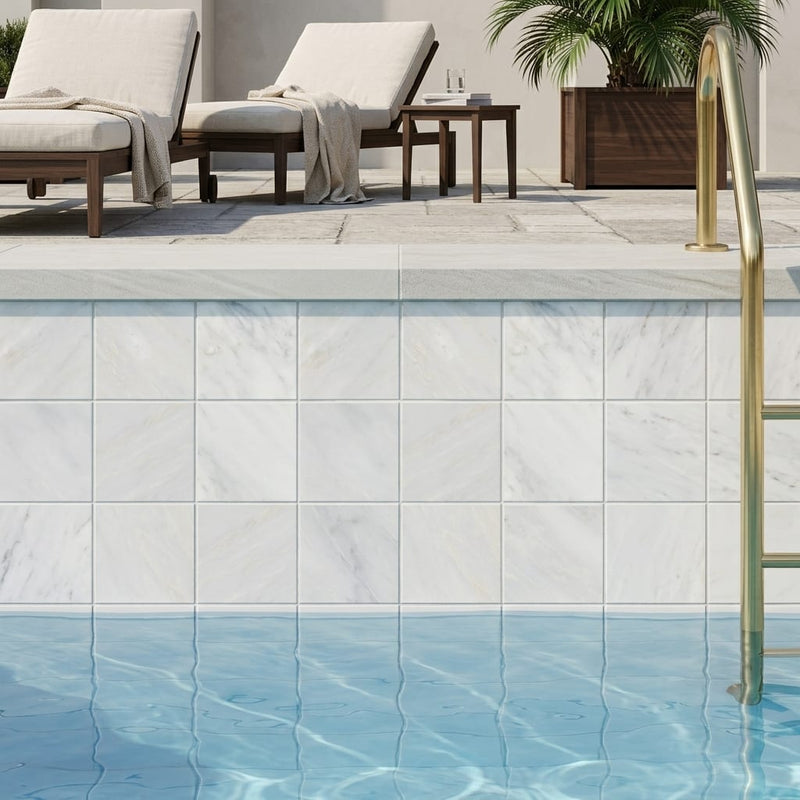 Monet Oriental White 4x4 Honed Decorative Floor & Wall Marble Tile — Swimming Pool waterline
