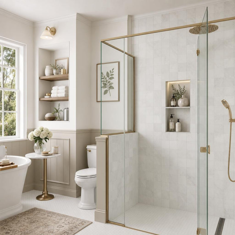 Monet Oriental White Marble Tile 4x4 Honed 3/8 inch — Bathroom shower wall accent band
