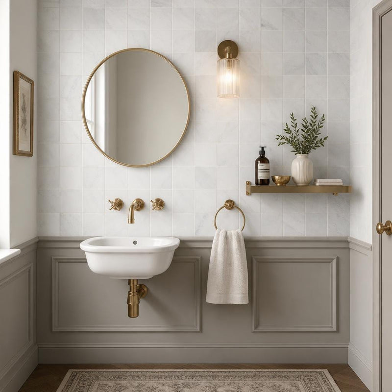 Monet Oriental White Marble Tile 4x4 Honed 3/8 inch — Powder Room wall