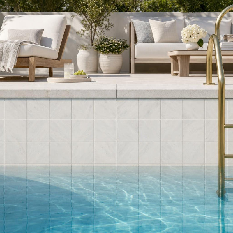 Monet Oriental White Marble Tile 4x4 Honed 3/8 inch — Swimming Pool waterline