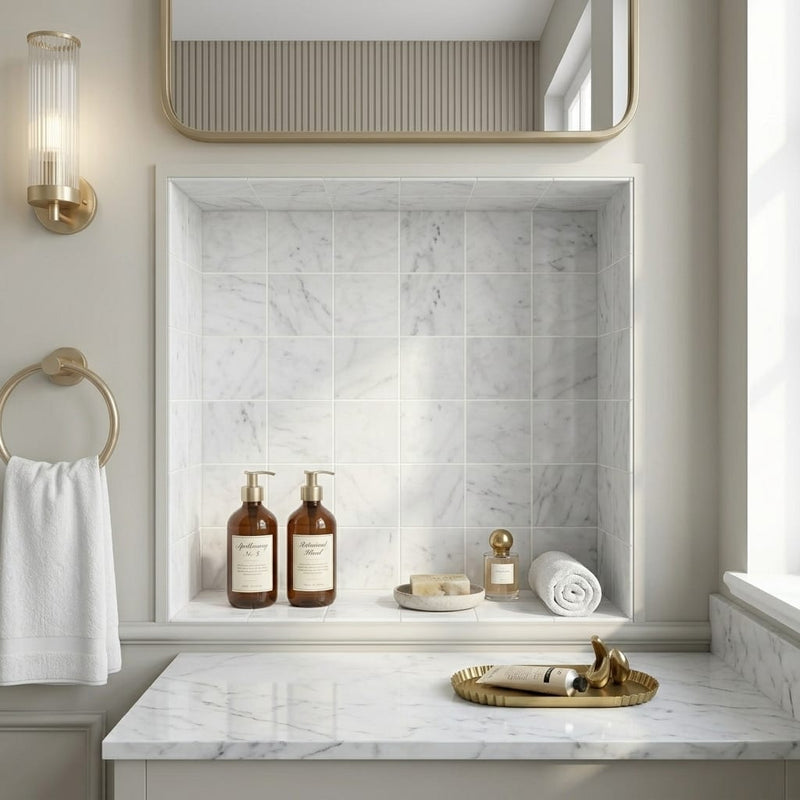 Monet White Carrara 4x4 Honed Marble Floor & Wall Tile — Bathroom niche