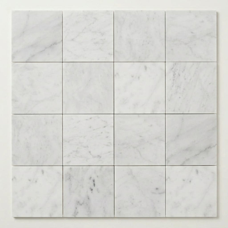 Monet White Carrara 4x4 Honed Marble Floor & Wall Tile close-up