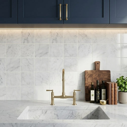 Monet White Carrara 4x4 Honed Marble Floor & Wall Tile — Kitchen backsplash