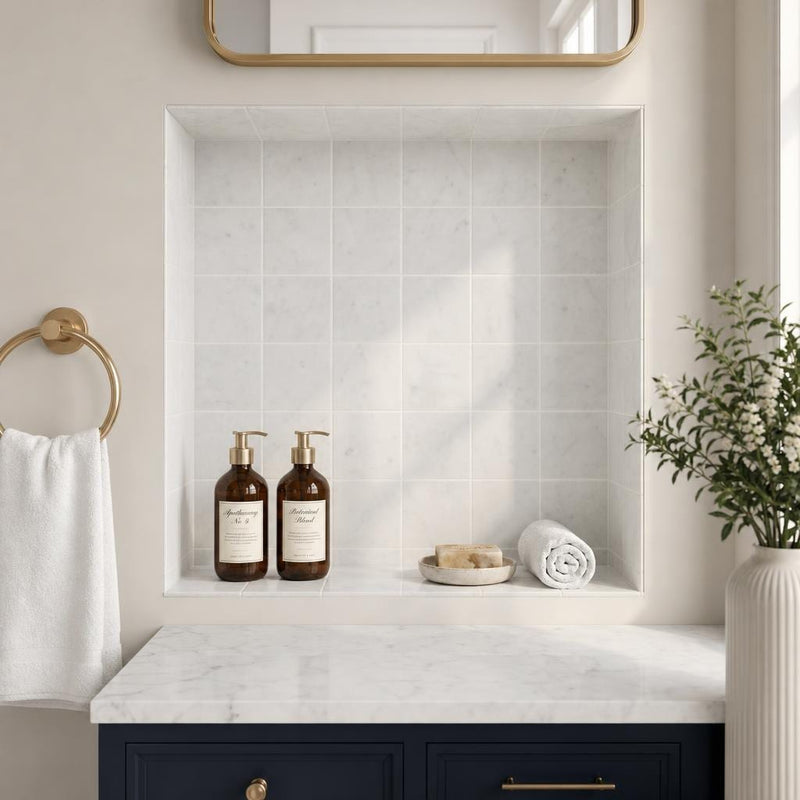 Monet White Carrara Marble Tile 4x4 Honed 3/8 inch — Bathroom niche