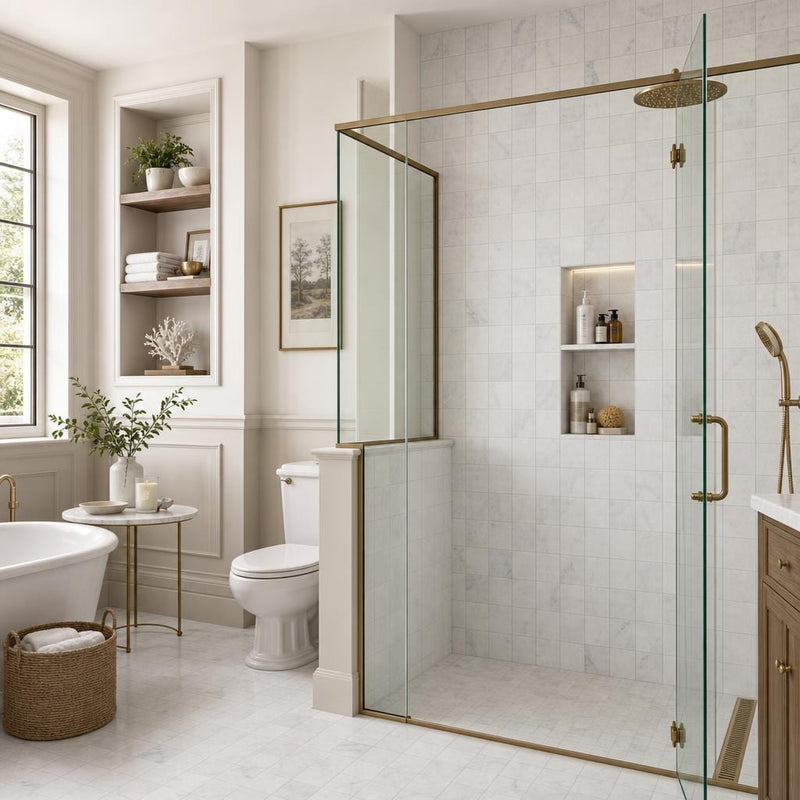 Monet White Carrara Marble Tile 4x4 Honed 3/8 inch — Bathroom shower wall accent band