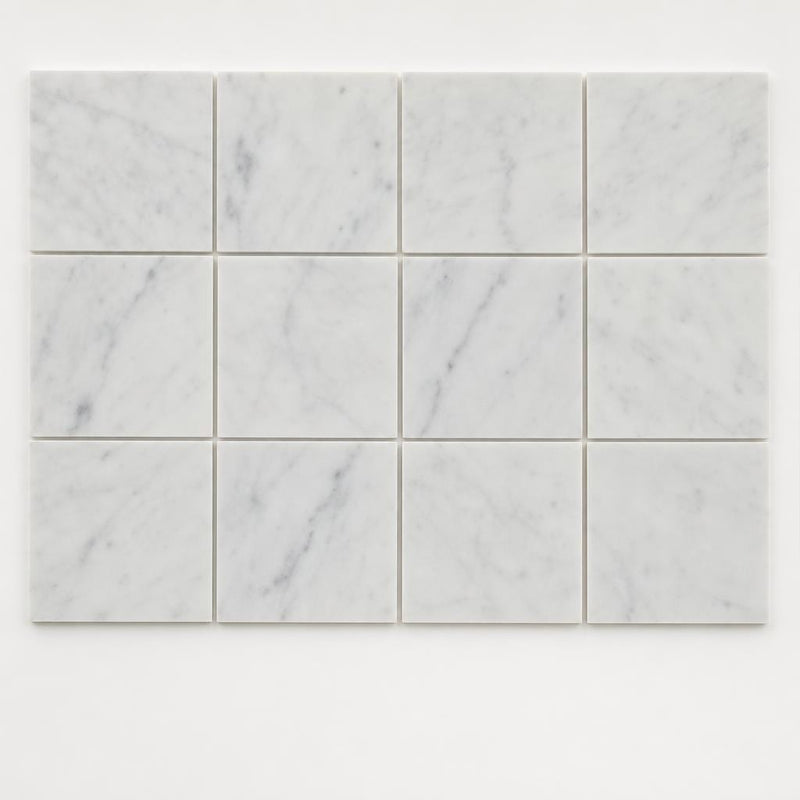 Monet White Carrara Marble Tile 4x4 Honed 3/8 inch close-up