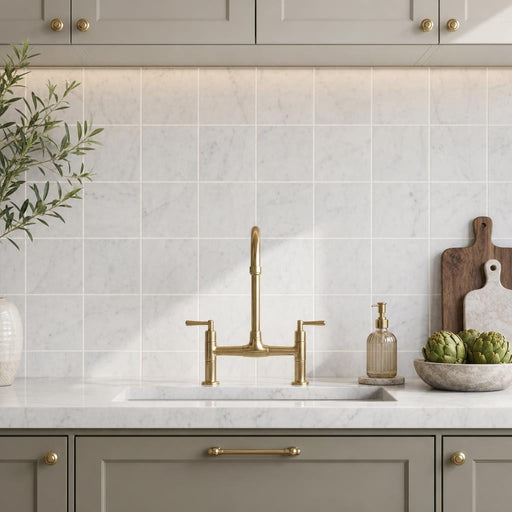 Monet White Carrara Marble Tile 4x4 Honed 3/8 inch — Kitchen backsplash
