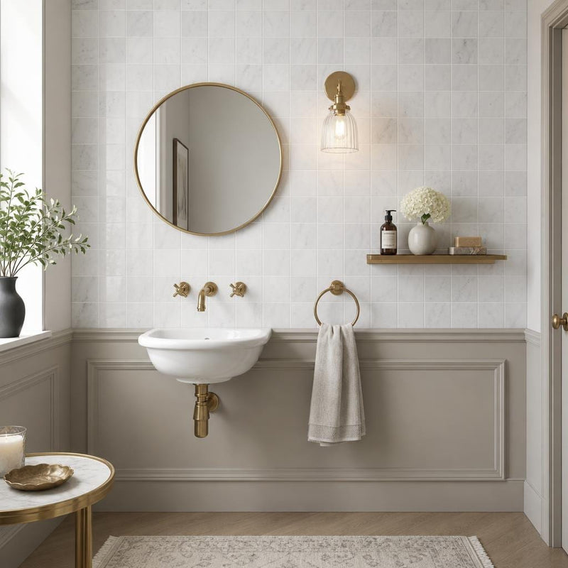 Monet White Carrara Marble Tile 4x4 Honed 3/8 inch — Powder Room wall