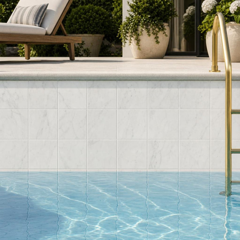 Monet White Carrara Marble Tile 4x4 Honed 3/8 inch — Swimming Pool waterline