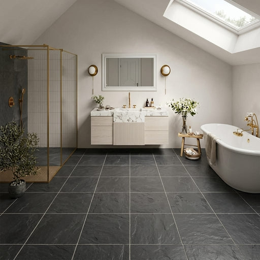 Montauk Black 12x12 Gauged Slate Natural Stone Tile — Bathroom floor