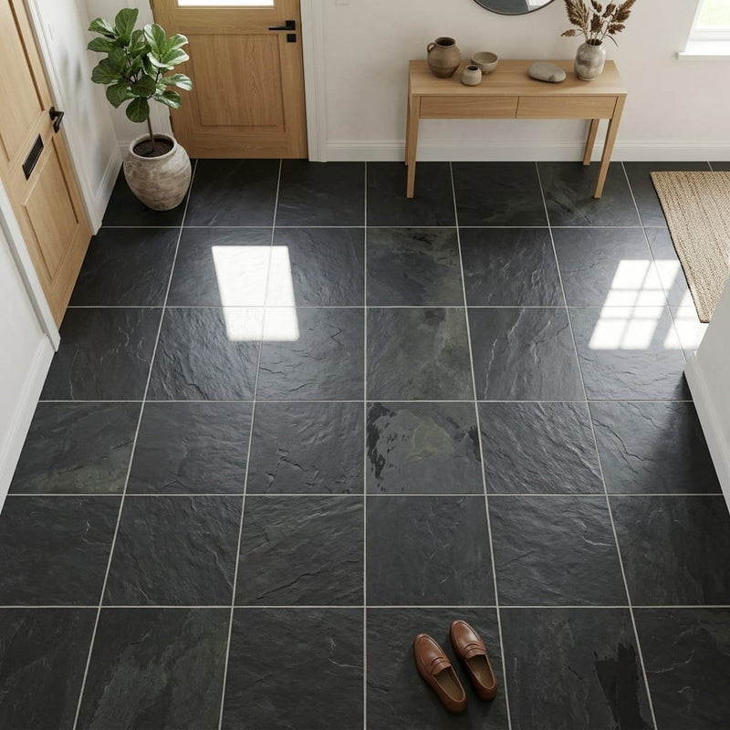 Montauk Black 12x12 Gauged Slate Natural Stone Tile — Foyer floor