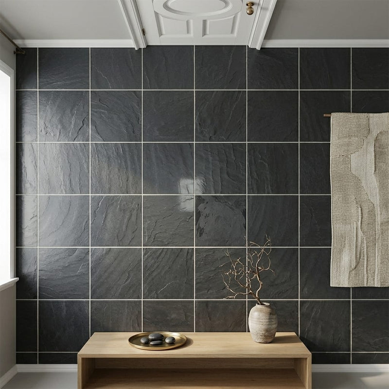 Montauk Black 12x12 Gauged Slate Natural Stone Tile — Hallway floor