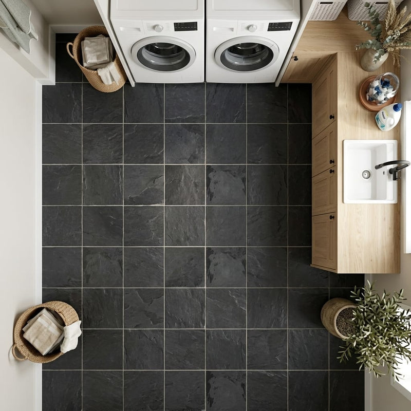 Montauk Black 12x12 Gauged Slate Natural Stone Tile — Laundry Room floor