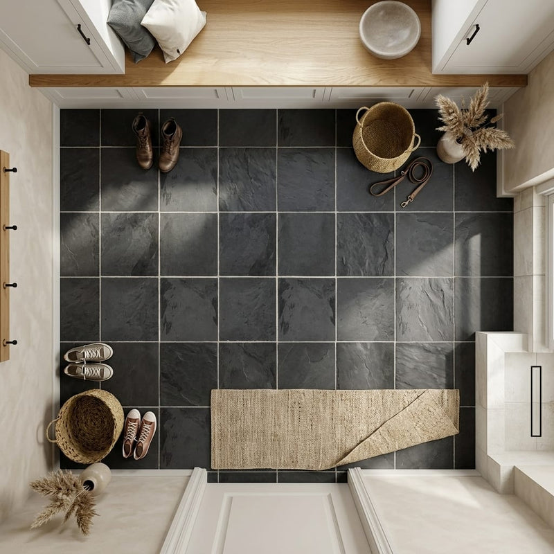 Montauk Black 12x12 Gauged Slate Natural Stone Tile — Mudroom floor