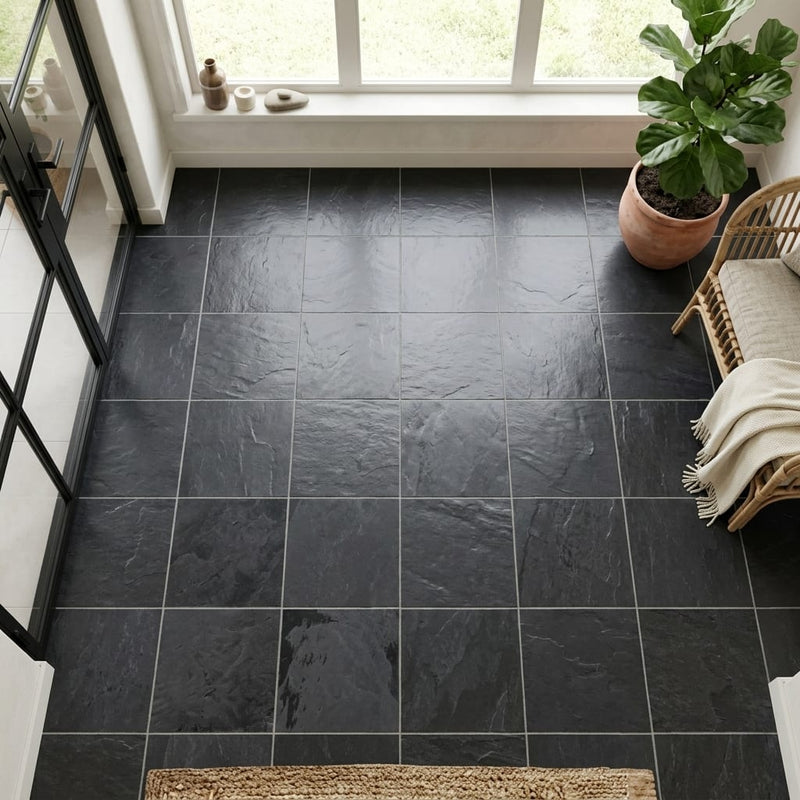 Montauk Black 12x12 Gauged Slate Natural Stone Tile — Sunroom floor