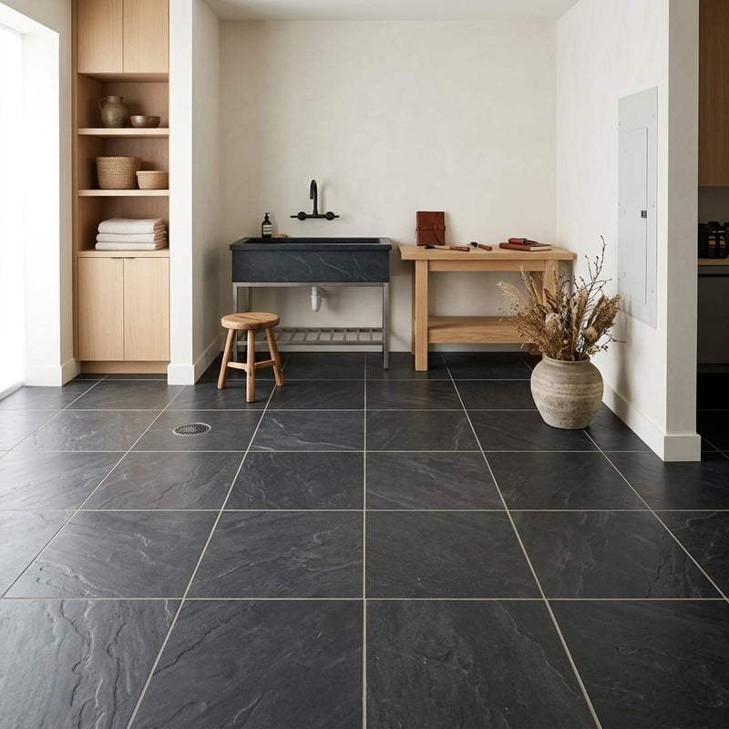 Montauk Black 12x12 Honed Slate Natural Stone Tile — Basement floor