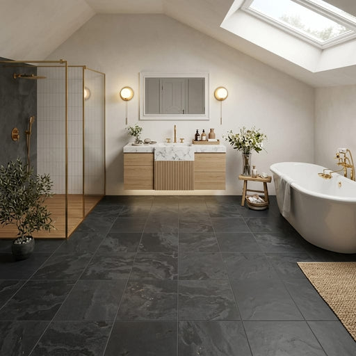 Montauk Black 12x12 Honed Slate Natural Stone Tile — Bathroom floor