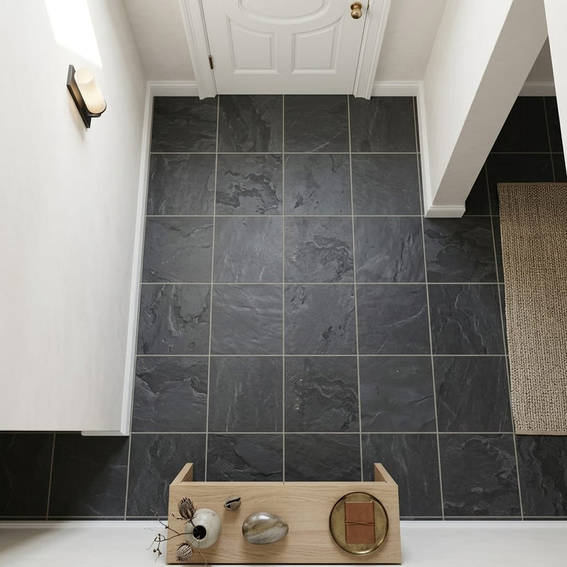 Montauk Black 12x12 Honed Slate Natural Stone Tile — Hallway floor