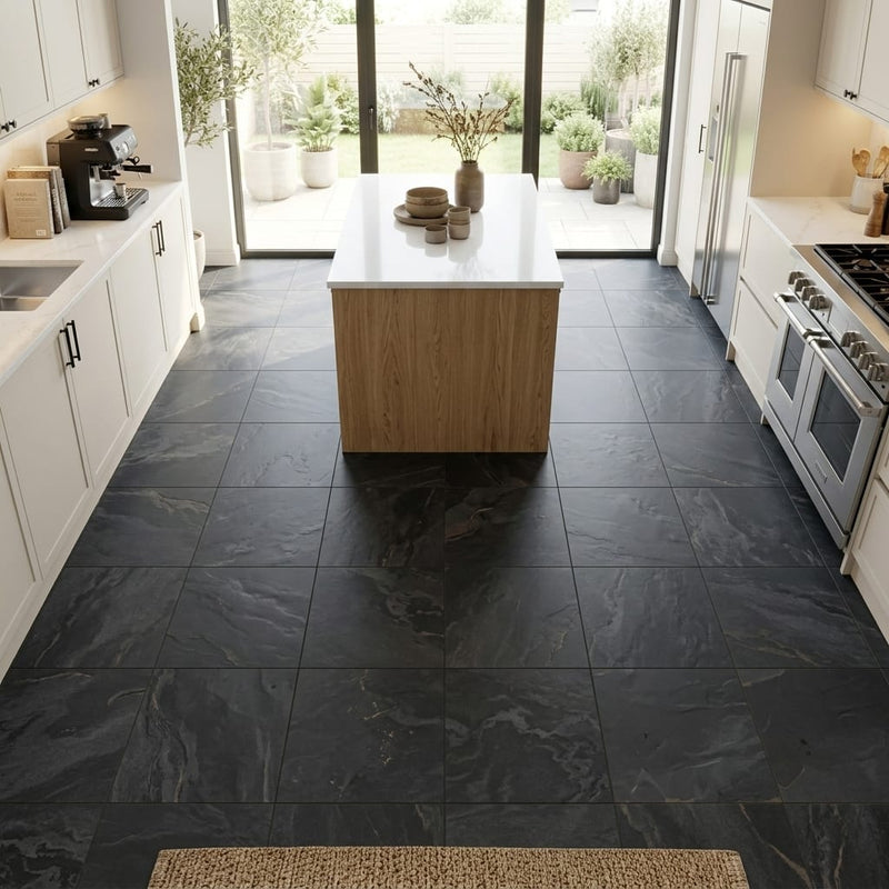 Montauk Black 12x12 Honed Slate Natural Stone Tile — Kitchen floor