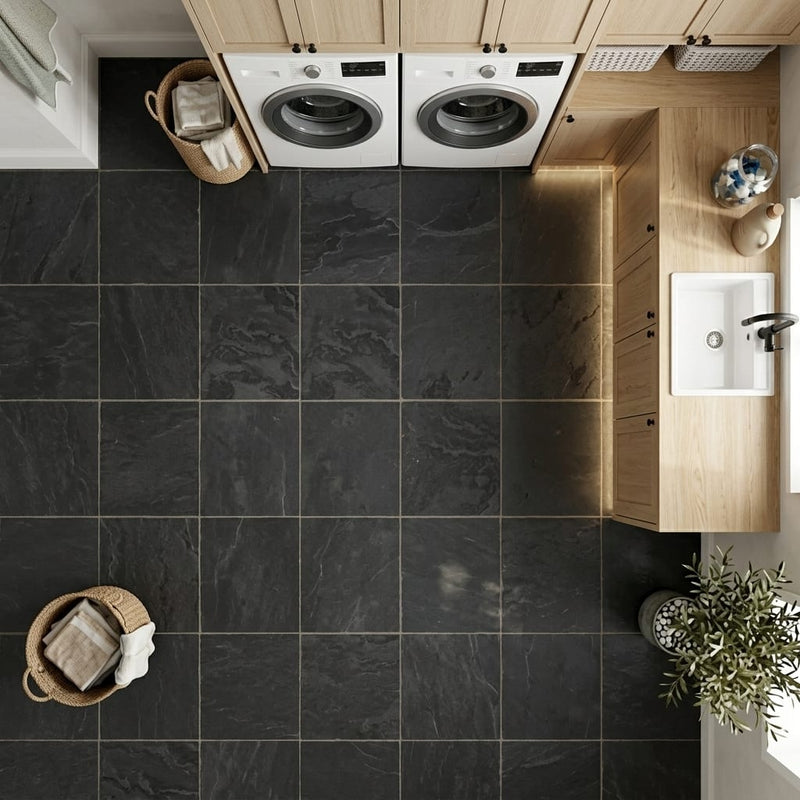 Montauk Black 12x12 Honed Slate Natural Stone Tile — Laundry Room floor
