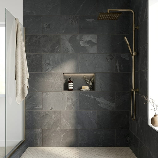 Montauk Black 12x24 Gauged Slate Natural Stone Tile — Bathroom shower wall