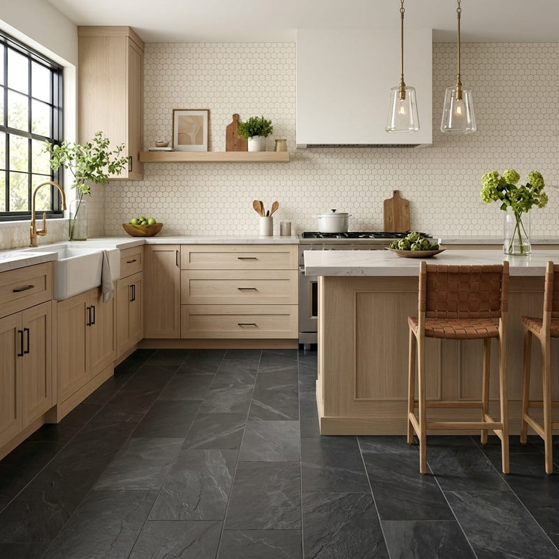 Montauk Black 12x24 Gauged Slate Natural Stone Tile — Kitchen floor