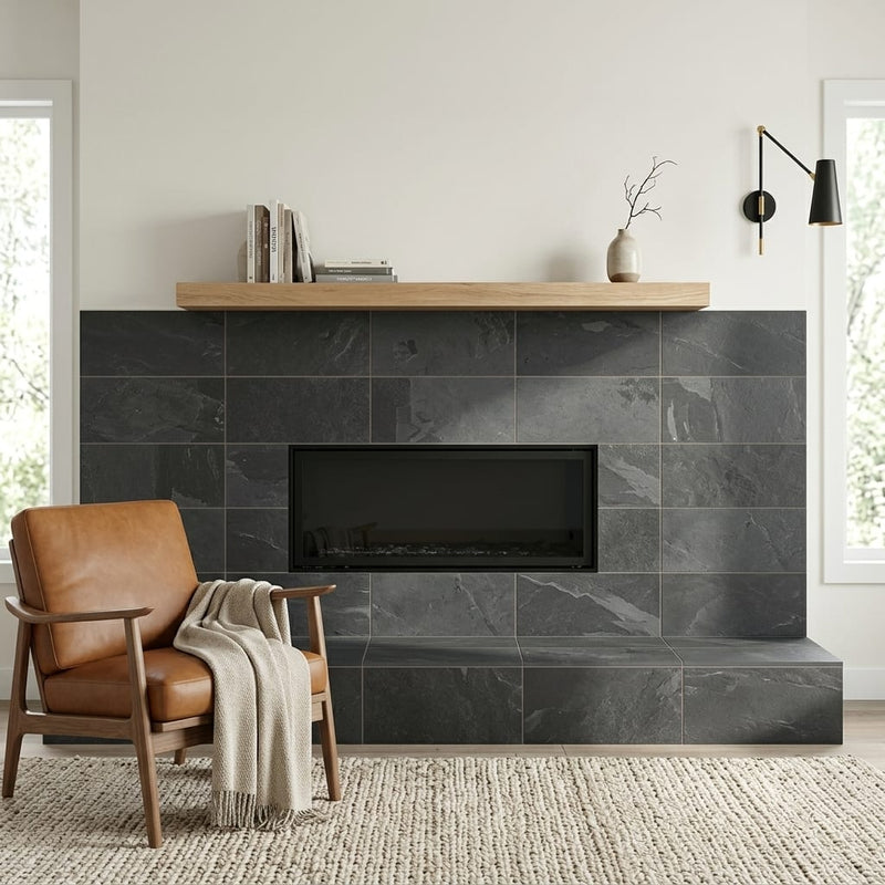 Montauk Black 12x24 Gauged Slate Natural Stone Tile — Living Room fireplace surround