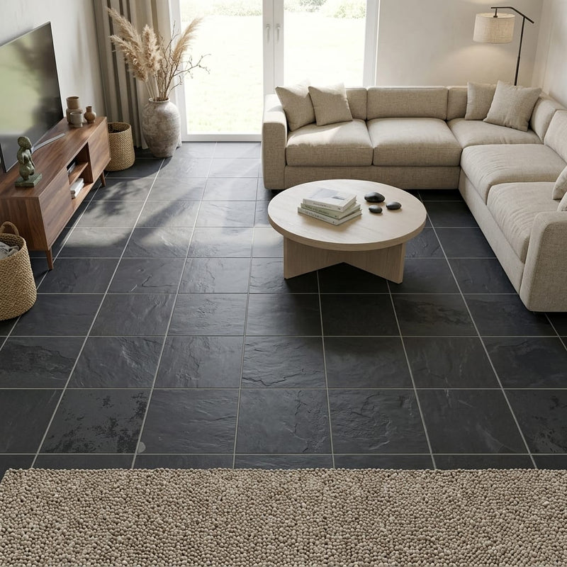 Montauk Black 16x16 Gauged Slate Natural Stone Tile — Family Room floor