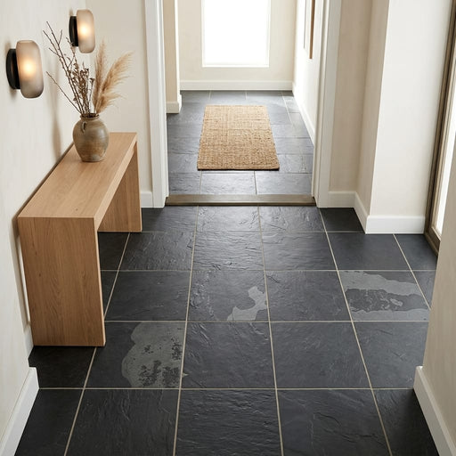 Montauk Black 16x16 Gauged Slate Natural Stone Tile — Hallway floor
