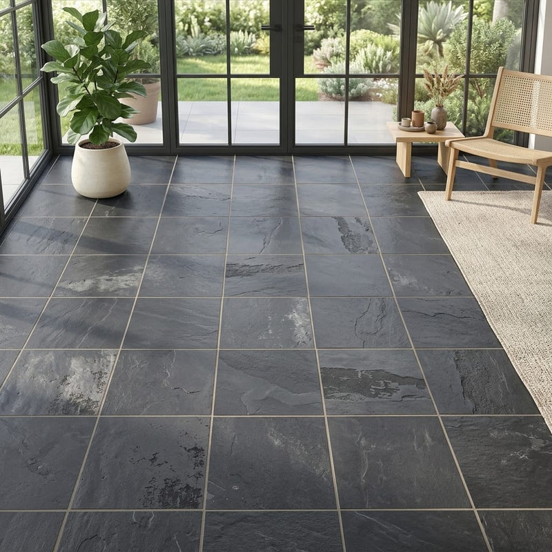 Montauk Black 16x16 Gauged Slate Natural Stone Tile — Sunroom floor