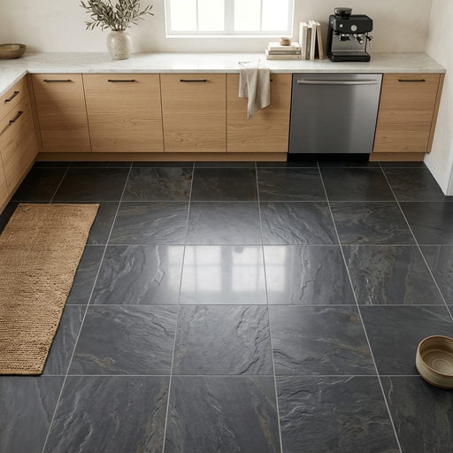 Montauk Black 16x16 Honed Slate Natural Stone Tile — Kitchen floor